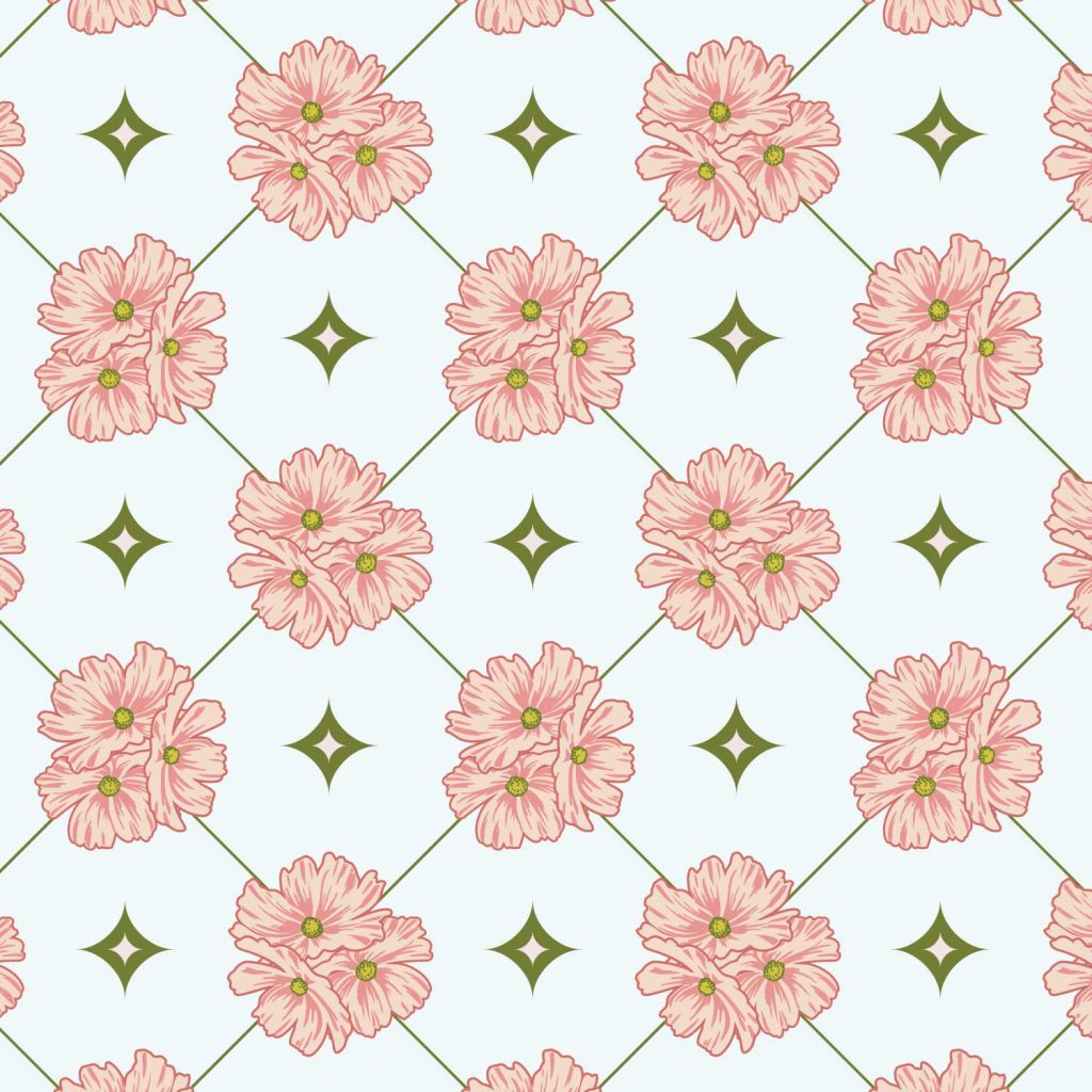 A repeating pattern featuring a trio of pink cosmos flowers on a diagonal grid and diamond motifs.
