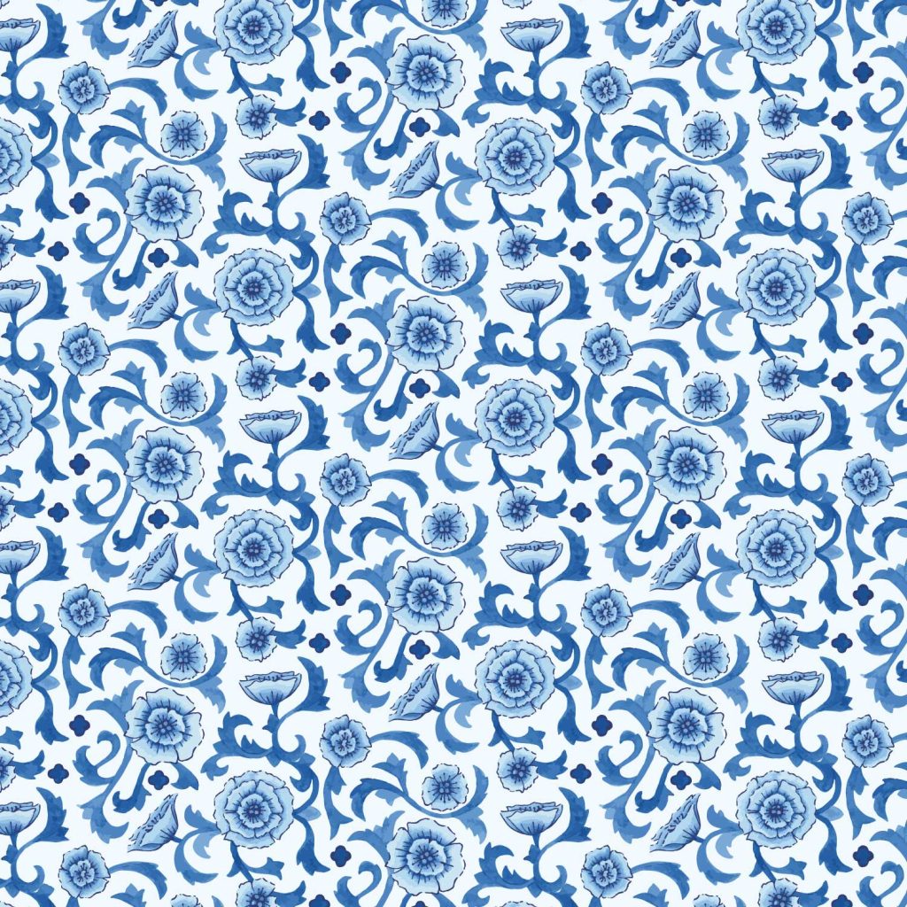 A repeating pattern featuring watercolor and linework in a ginger jar inspired arrangement