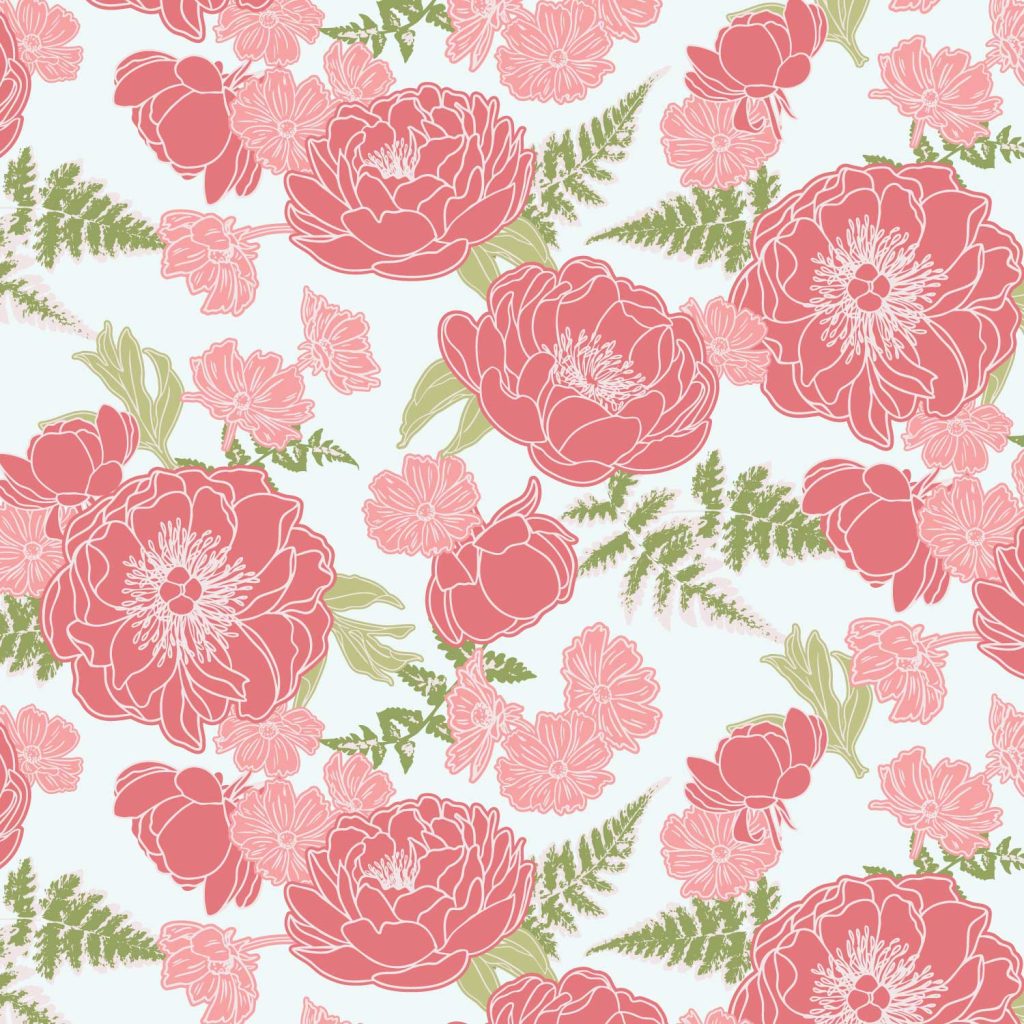A repeating pattern featuring bold peonies and ferns in a scattered allover layout