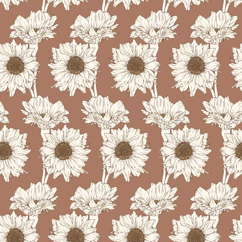 A repeating pattern featuring hand drawn sunflower motifs arranged in an alternating strip pattern in mocha mousse