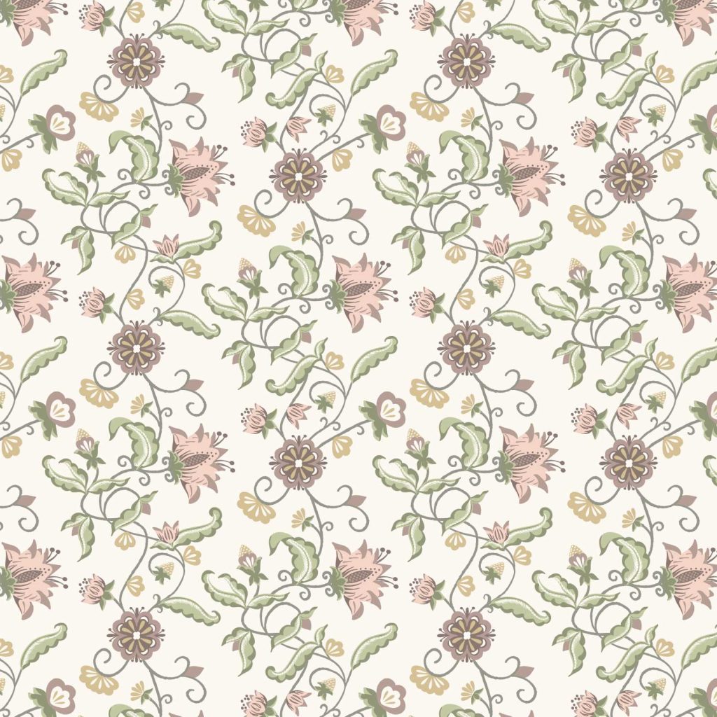 A trailing floral pattern featuring stylized flowers and intertwining stems in pink and olive hues