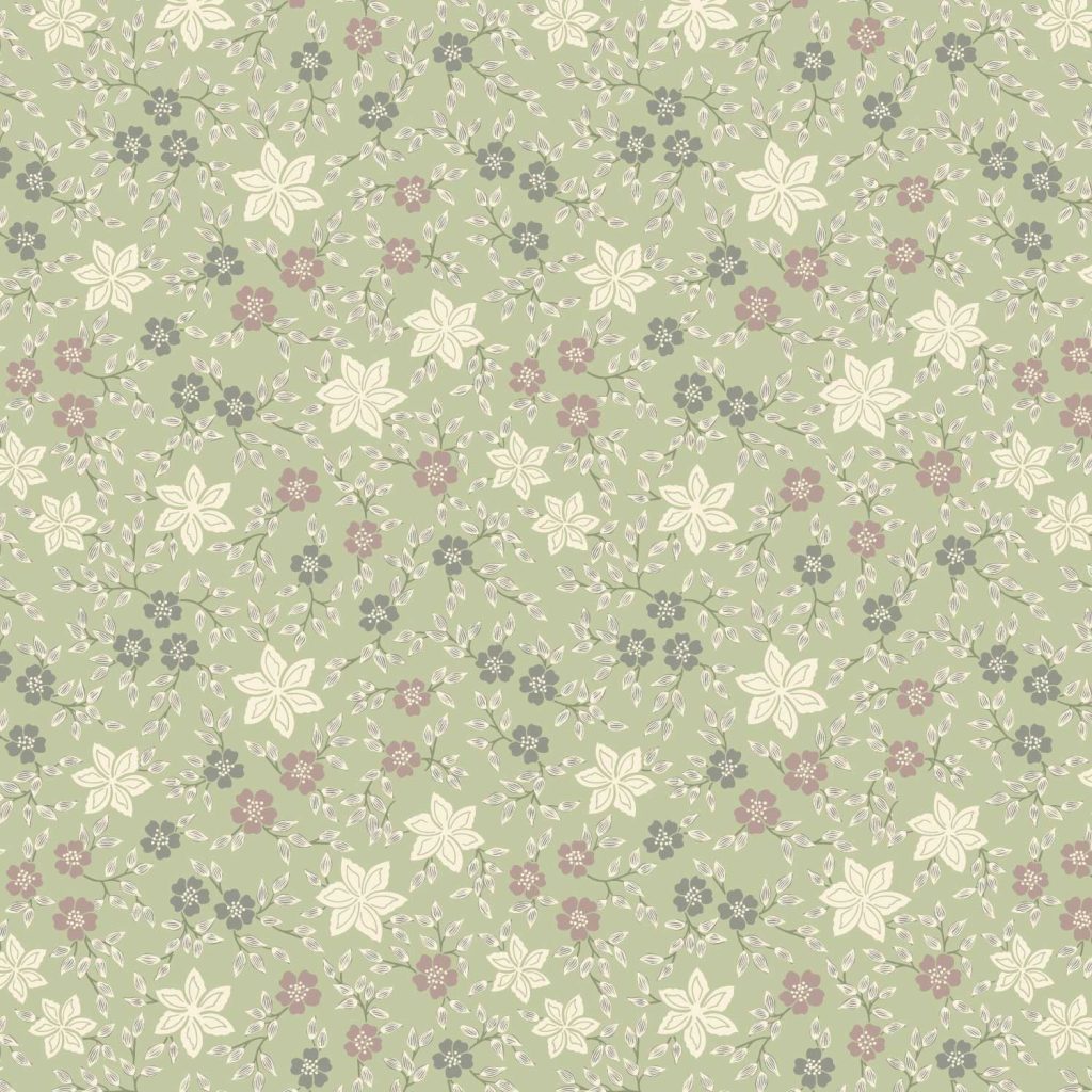 An all over floral pattern in pinks and creams on an olive background.