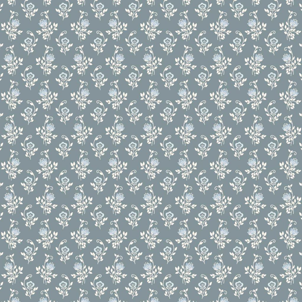 A stylized floral sprig pattern in dark blue