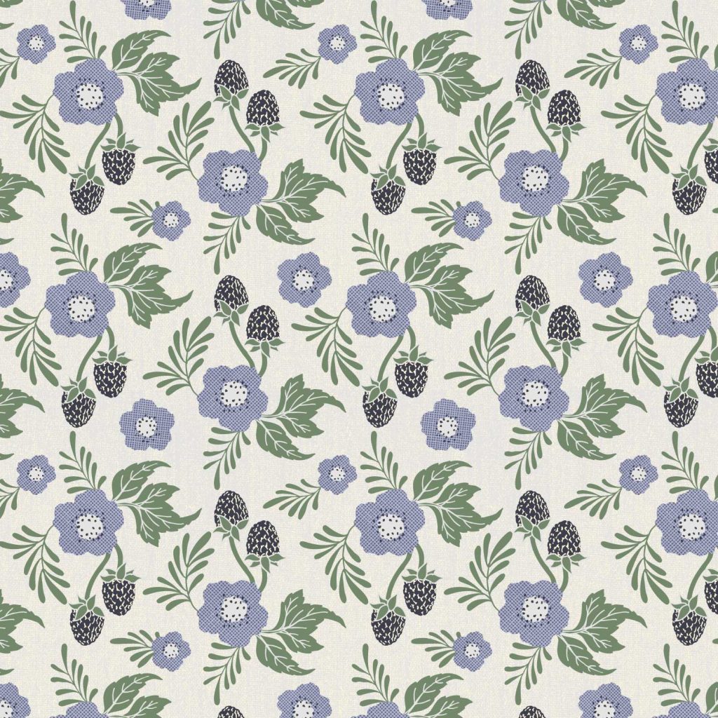 A repeating pattern featuring stylized blue flowers and raspberries