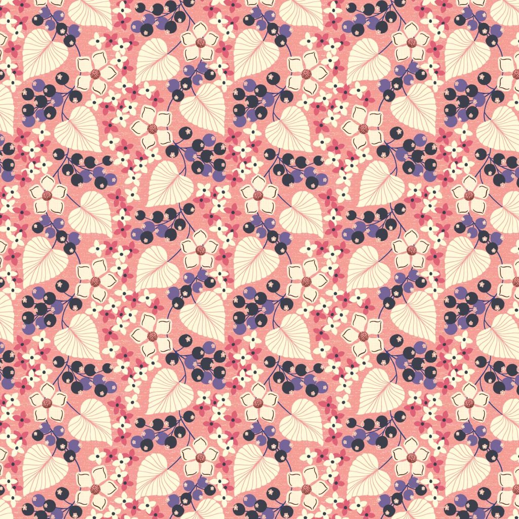 a repeating pattern featuring blueberries and stylized leaves on a pink background
