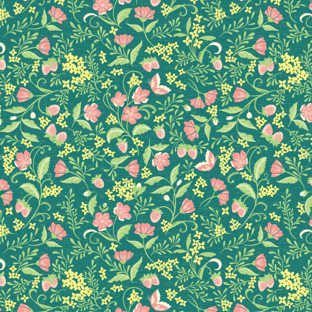 A repeating pattern of stylized floral bouquets and strawberries on a blue-green background
